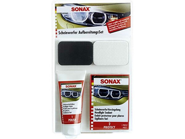 SONAX Scheinwerfer Aufbereitungsset, Für 2 Anwendungen a´ je 2 Scheinwerfer, Zur manuellen Aufbereitung von altersbeding