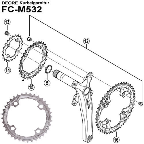 SHIMANO Kettenblatt "FC-M532" 4-Arm, für 3x9-fach, 36 Zähne, silb