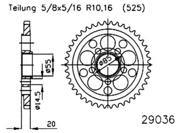 ESJOT Kettenrad "29036" 525, Stahl, silber 43 Zähne