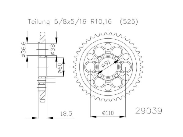 ESJOT Kettenrad "29039" 525, Stahl, silber 39 Zähne