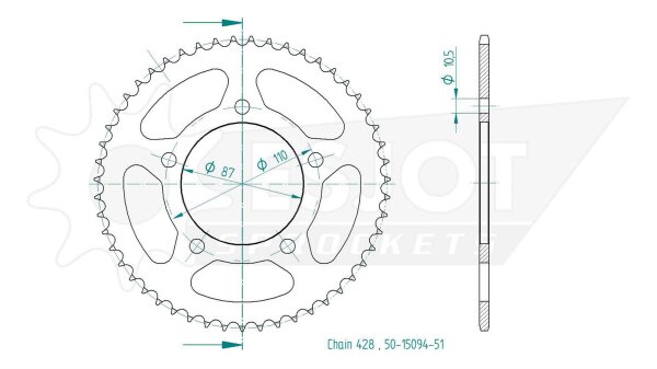 ESJOT Kettenrad "15094" 428, Stahl, silber 51 Zähne