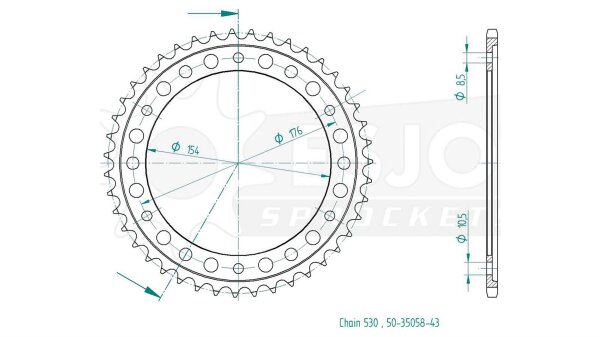 ESJOT Kettenrad "35058" 530, Stahl 43 Zähne