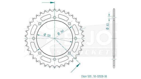 ESJOT Kettenrad "32028" 520, Stahl, schwarz 38 Zähne