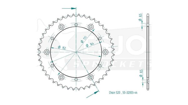 ESJOT Kettenrad "32003" 520, Stahl, schwarz 44 Zähne