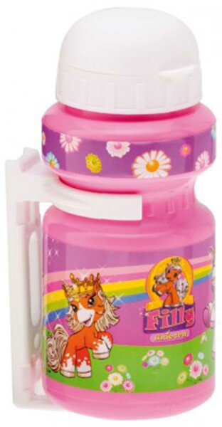 trinkflasche filly unicorn 300ml mit halter, violett, kappe weiß
