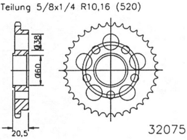ESJOT Kettenrad "32075" 520, Stahl, silber 42 Zähne