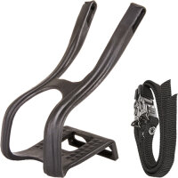 Pedalhaken L mit Riemen, schwarz, Messingschlager, 313127
