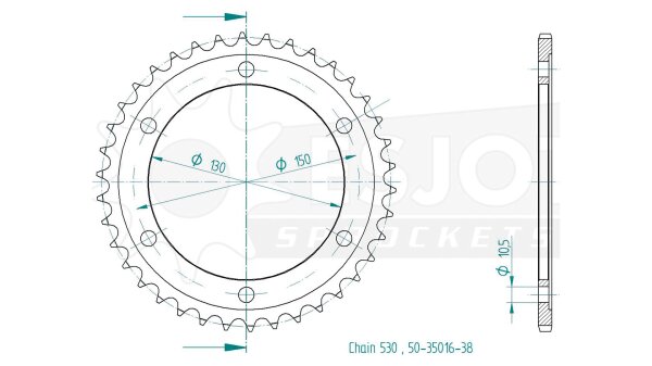 ESJOT Kettenrad "35016" 530, Stahl 38 Zähne