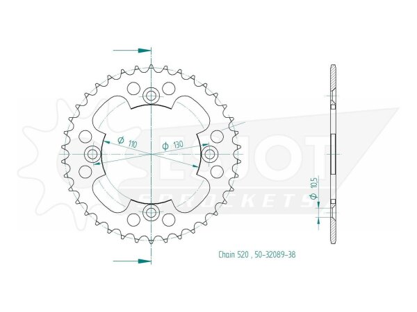 ESJOT Kettenrad "32089" 520, Stahl, schwarz 38 Zähne