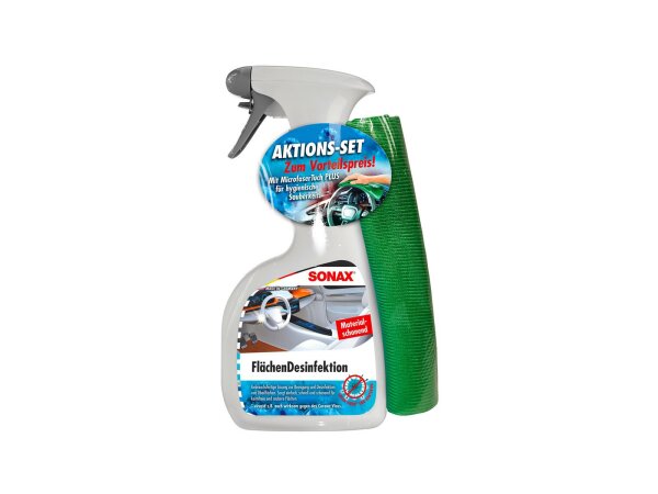 SONAX Desinfektionsmittel "FlächenDesinf Set mit 500 ml Sprühflasche und Microfasertuch