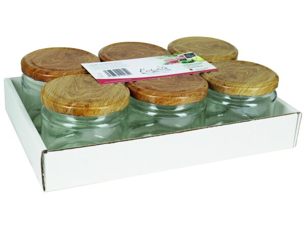 DOSEN-ZENTRALE Schraubdeckelglas 330ml mit 82mm TO-Deckel Holz 6er Tray