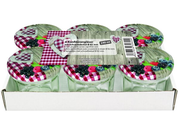 DOSEN-ZENTRALE Schraubdeckelglas Facette 240 ml 6er Tray mit 82mm TO-Deckel Holz/Herzdekor