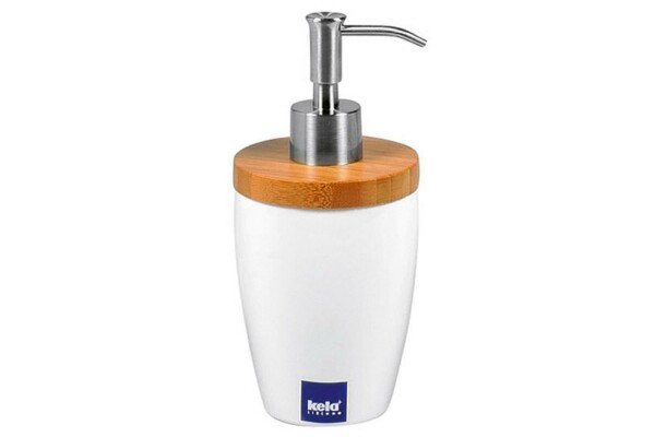 KELA Seifenspender Natura Keramik/Bambus 18cm Ø8cm weiß