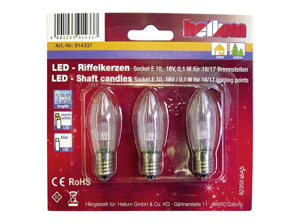 HELLUM LED-Riffelkerze 16V, 0,1W, E10 Fassung für 15er Kette 3er Pack