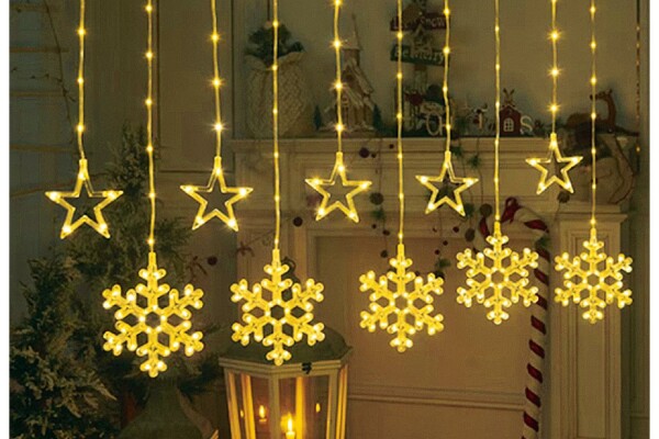 F-H-S Vorhang 200LED mit Sternen und Schneeflocken mit Timer