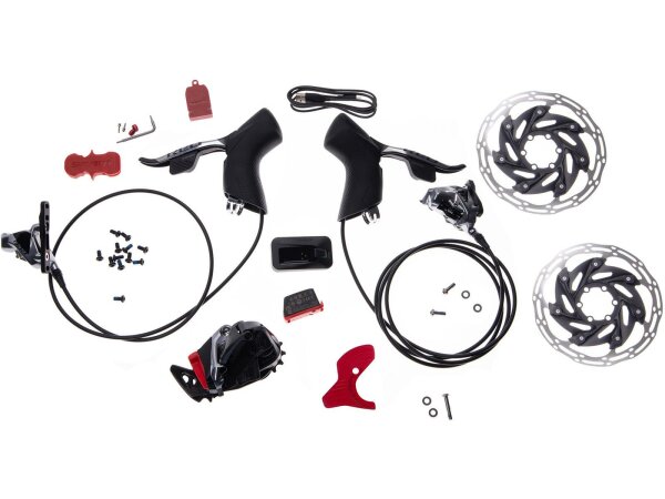 SRAM Schaltgruppen-Set "Red eTap AXS 1x" "Road Disc Flat Mount", bestehend aus: Schaltwerk (max. 33 Zähne), Schalt-/Bremshebel, hydr. Scheibenbremsen, zwei Centerline XR Bremsscheiben Ø 160 mm, 6-Loch, Akku, Ladegerät mit Kabel