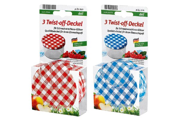 DETI Twist-off-Deckel Ø82mm sortiert rot/weiß oder blau/weiß kariert PVC-frei Blue Seal 3Stück