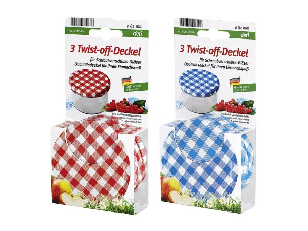 DETI Twist-off-Deckel Ø82mm sortiert rot/weiß oder blau/weiß kariert PVC-frei Blue Seal 3Stück