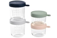 BEABA Portionsbehälter Glas (150ml rosa/150ml Eucalyptus grün/250ml hellgrau/250ml dunkelblau) 4er Set