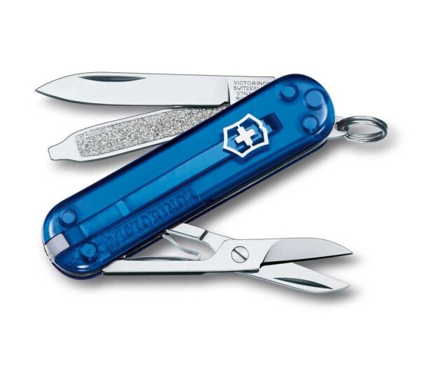 Schweizer Taschenmesser Klein 7 Funktionen Classic SD, 58 mm, blau transparent, Blister