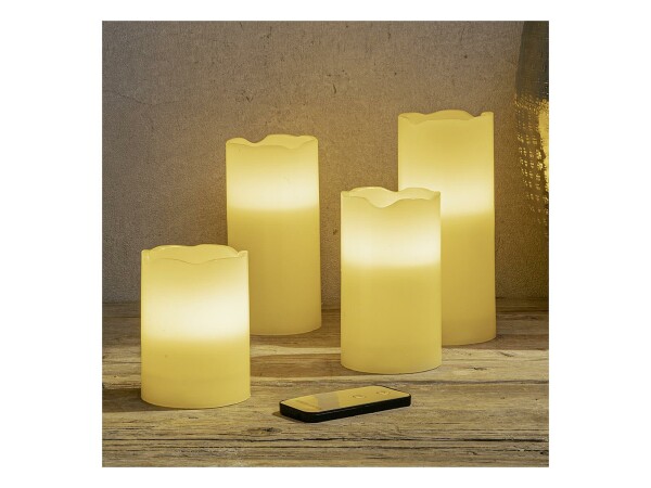 HI LED  Kerzen flammenlos inkl. FB batteriebetr Ø7,5cm H10/12,5/15/17,5cm 4er Set