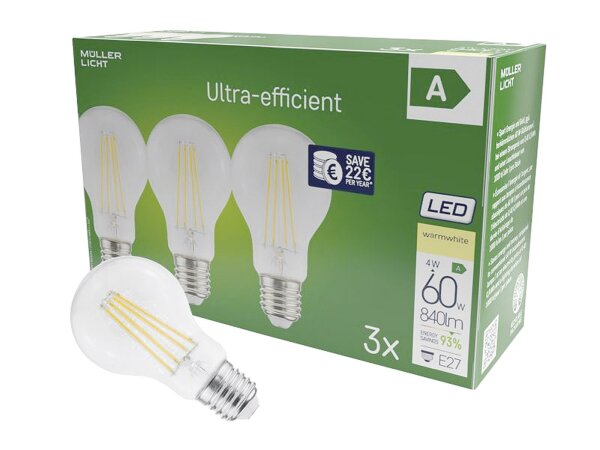 MÜLLER LICHT LED Birne 840lm 3,8W E27 2700K 3er Set