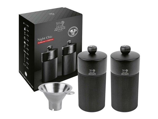 PEUGEOT Duo Pfeffer & Salzmühle Night Chic Line inkl. Edelstahltrichter 12cm mattschwarz