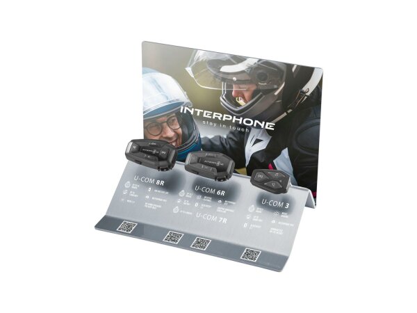 INTERPHONE Verkaufsdisplay für U-COM 8R, U-COM 6R / 7R, U-COM 3 Dummys sind im Lieferumfang enthalten und bereits montiert.