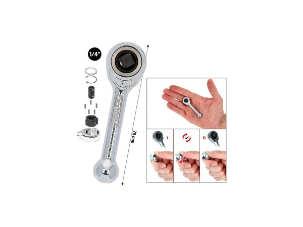 KS-TOOLS Umschaltknarre 1/4", Mini-Freilauf-Ratsche mit