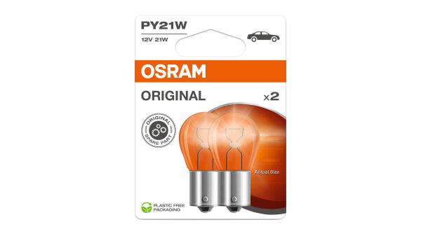 OSRAM Kugellampe 12 V, 21 W, BAU15s, PY21W, gelb SB-verpackt (plastikfrei), 2 Stück