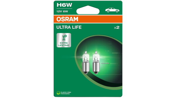 OSRAM Kugellampe 12 V, 6 W, BAX9s, H6W, Halogen "Ultra Life", SB-verpackt (plastikfrei), 2 Stück