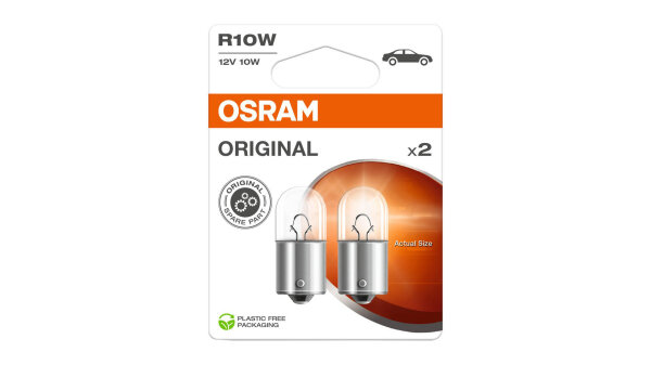 OSRAM Kugellampe 12 V, 10 W, BA15s, R10W SB-verpackt (plastikfrei), 2 Stück