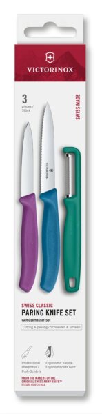 Swiss Classic, Gemüsemesser mit I-Schäler, 3tlg,grn/violett/blu