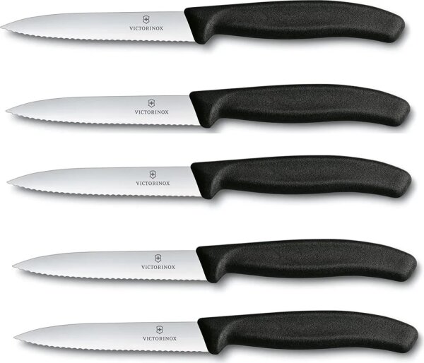 6x Swiss Classic, Gemüsemesser, 10cm, Wellen, schwarz