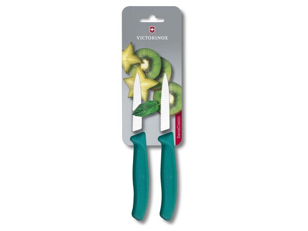 Swiss Classic, Gemüsemesser, 2 Stk, 8cm, Wellenschliff, spitz, grün, B
