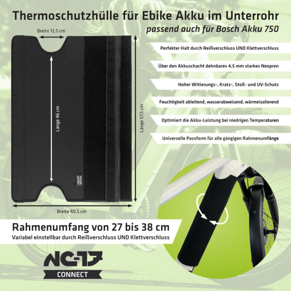 NC-17 Connect Batterie Thermo Cover 7.0 R Reißverschluss, für Intube-Akku im Rahmen, schwarz