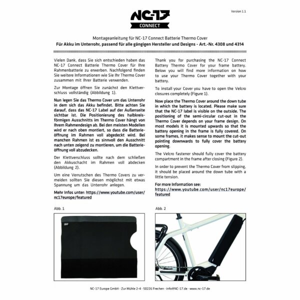 NC-17 Connect Batterie Thermo Cover Air Breath-Technologie, für Intube-Akku im Rahmen, schwarz (NF:114349)