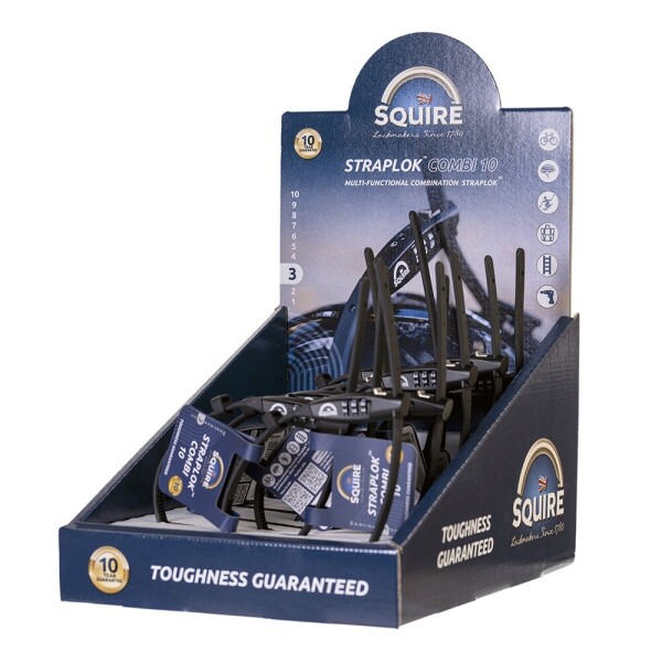 Squire Schloss STRAPLOK COMBI 10 - ultraleichtes Gurtschloss mit Zahlenkombinations-Schließung, 45cm, VE 10 Stück schwarz im Thekendisplay