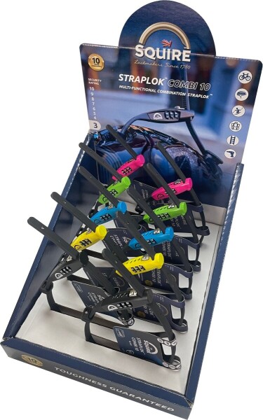 Squire Schloss STRAPLOK COMBI 10 - ultraleichtes Gurtschloss mit Zahlenkombinations-Schließung, 45cm, VE 10 Stück farblich sortiert im Thekendisplay